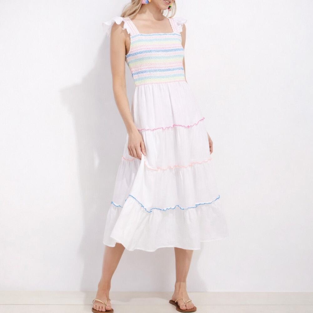 Vineyard Vines Flutter Sleeve Smocked Tiered Midi Dress White M